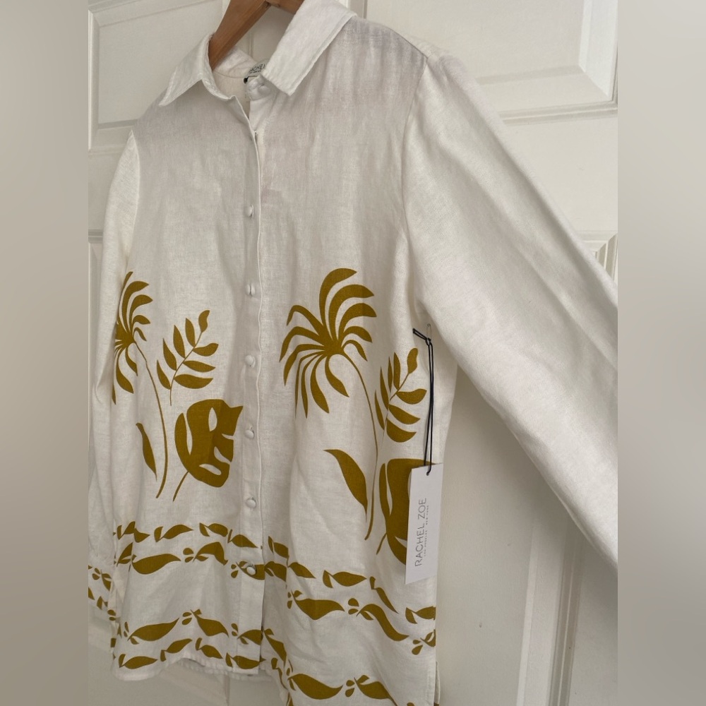 Rachel Zoe White Button-Up Shirt Gold Palm Leaf Print Size S NWT Linen Blend - Picture 3 of 12
